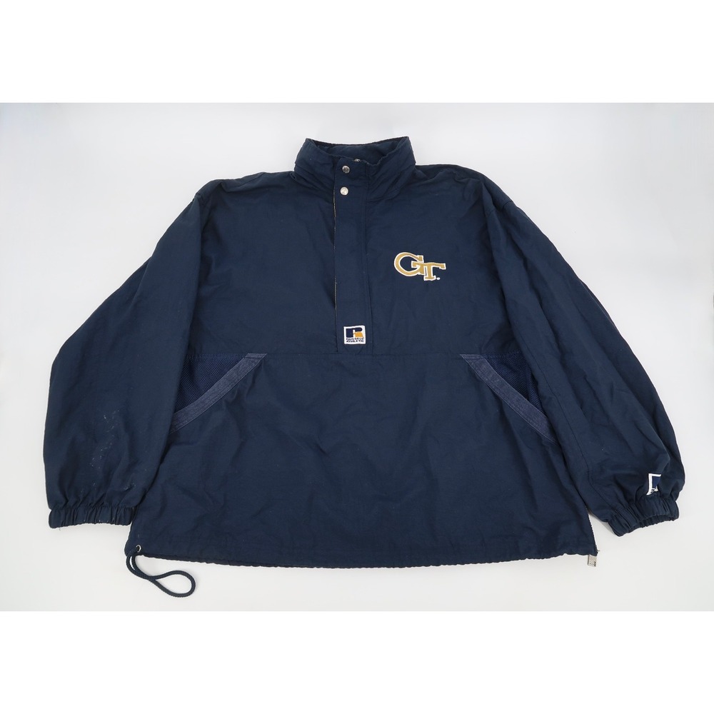 Vintage 90s Georgia Tech Mens Large 1/2 Zip Jacket Hood Russell Athletic Navy